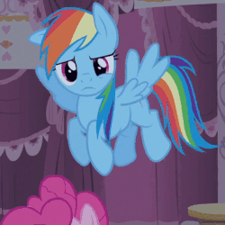 Size: 402x402 | Tagged: safe, screencap, pinkie pie, rainbow dash, earth pony, pegasus, pony, g4, season 4, simple ways, animated, confused, cute, dashabetes, female, floppy ears, flying, gif, head tilt, hnnng, huh, looking at you, raised eyebrow, reaction image, solo focus, wings