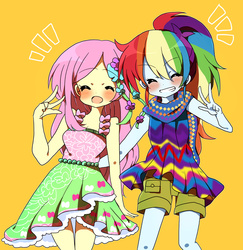 Size: 1167x1200 | Tagged: safe, artist:lotte, fluttershy, rainbow dash, human, equestria girls, g4, my little pony equestria girls: legend of everfree, anime, camp fashion show outfit, clothes, eyes closed, open mouth, open smile, peace sign, ponytail, simple background, skirt, smiling, yellow background