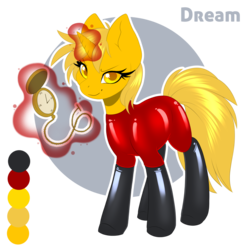 Size: 950x952 | Tagged: safe, artist:silkensaddle, oc, oc only, oc:dream searcher, pony, unicorn, catsuit, clothes, commission, female, glowing horn, horn, latex, latex boots, latex socks, latex suit, magic, mare, pendulum swing, pocket watch, simple background, socks, solo, telekinesis, transparent background