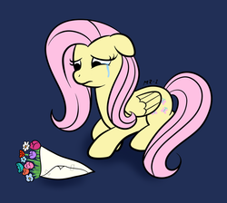 Size: 950x850 | Tagged: safe, artist:mr-1, fluttershy, g4, bouquet, crying, female, flower, prone, solo