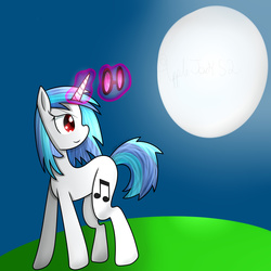 Size: 2500x2500 | Tagged: safe, artist:applejacks2, dj pon-3, vinyl scratch, g4, female, high res, magic, moon, night, red eyes, solo, wrong eye color