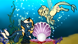 Size: 3840x2160 | Tagged: safe, artist:silversthreads, oc, oc only, oc:ocean pixel, oc:tidal charm, aquapony, 4k, 4k tidal contest entries, high res, seapegasus, seaunicorn, shell, underwater, water