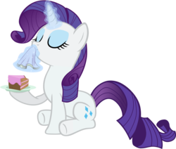 Size: 8927x7569 | Tagged: safe, artist:alamber, rarity, pony, unicorn, g4, absurd resolution, cake, eating, female, food, magic, napkin, plate, simple background, solo, transparent background, vector