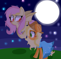 Size: 1279x1254 | Tagged: dead source, safe, artist:artypaints, applejack, fluttershy, bat pony, earth pony, pony, g4, bat ponified, clothes, dress, duo, female, flutterbat, lesbian, moon, night, race swap, ship:appleshy, shipping