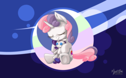 Size: 2560x1600 | Tagged: safe, artist:mysticalpha, rarity, sweetie belle, g4, cute, diasweetes, eyes closed, female, plushie, smiling, solo, underhoof