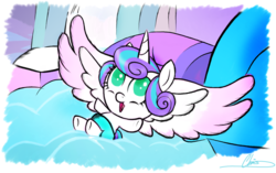 Size: 1632x1024 | Tagged: safe, artist:oinktweetstudios, princess flurry heart, pony, g4, season 6, baby, diaper, female, open mouth, scene interpretation, solo, spread wings