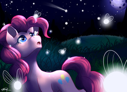 Size: 3300x2400 | Tagged: safe, artist:mimkage, pinkie pie, firefly (insect), g4, eye reflection, female, high res, moon, night, open mouth, solo