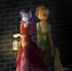 Size: 1067x1050 | Tagged: safe, artist:rainbowhitter, applejack, rarity, anthro, g4, amnesia: the dark descent, clothes, crossover, lamp