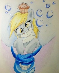Size: 587x719 | Tagged: safe, artist:elusiveautumn, derpy hooves, pegasus, pony, g4, bubble, female, food, letter, mailbag, mare, mouth hold, muffin, solo, traditional art