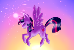 Size: 1400x965 | Tagged: safe, artist:logicalloony, twilight sparkle, alicorn, pony, g4, female, floating, magic, mare, solo, sparks, twilight sparkle (alicorn)