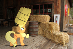 Size: 4752x3168 | Tagged: safe, artist:archonitianicsmasher, artist:hachaosagent, applejack, earth pony, pony, g4, balancing, barrel, coke, fire extinguisher, food, hay bale, irl, photo, ponies balancing stuff on their nose, ponies in real life, shadow, show off, sign, soda, solo, vector
