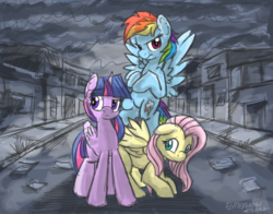 Size: 1000x785 | Tagged: safe, artist:flutterthrash, fluttershy, rainbow dash, twilight sparkle, alicorn, pony, g4, female, fog, ghost town, mare, request, requested art, trio, twilight sparkle (alicorn)