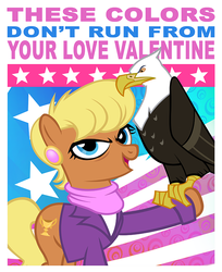 Size: 734x900 | Tagged: safe, artist:pixelkitties, ms. harshwhinny, bald eagle, earth pony, pony, g4, clothes, ear piercing, earring, female, jewelry, looking at you, mare, open mouth, open smile, piercing, scarf, shirt, smiling, valentine, valentine's day, votehorse