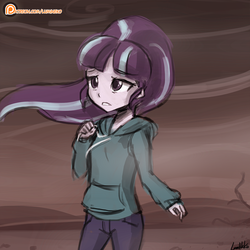 Size: 750x750 | Tagged: safe, artist:lumineko, starlight glimmer, equestria girls, g4, season 5, the cutie re-mark, 30 minute art challenge, alternate timeline, ashlands timeline, barren, clothes, equestria girls interpretation, equestria girls-ified, female, hoodie, implied genocide, pants, patreon, patreon logo, ponytail, post-apocalyptic, s5 starlight, sad, sad face, sadlight glimmer, scene interpretation, solo, sweater, wasteland