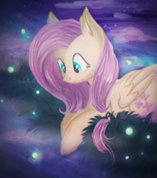Size: 1305x1476 | Tagged: safe, artist:nataliaokita1, fluttershy, firefly (insect), g4, female, night, prone, river, solo, stream