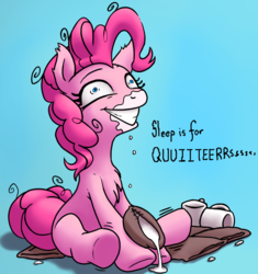 Size: 1458x1554 | Tagged: safe, artist:chromaskunk, artist:stoic5, pinkie pie, earth pony, pony, g4, chest fluff, coffee, female, food, implied drug use, leg twitch, mare, messy mane, pinkie found the coffee, sitting, solo, sugar (food), xk-class end-of-the-world scenario