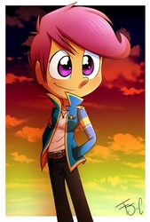 Size: 735x1088 | Tagged: safe, artist:fj-c, scootaloo, equestria girls, g4, blushing, clothes, female, sky, solo, wonderbolts uniform