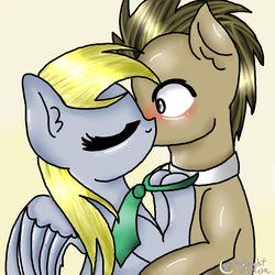 Size: 2500x2500 | Tagged: safe, artist:lovelyheartmlp, derpy hooves, doctor whooves, time turner, pegasus, pony, g4, blushing, female, high res, kissing, male, mare, ship:doctorderpy, shipping, straight