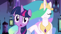 Size: 1280x720 | Tagged: safe, screencap, princess celestia, twilight sparkle, equestria girls, g4, inverted mouth