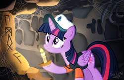 Size: 2000x1300 | Tagged: safe, artist:tina-de-love, twilight sparkle, alicorn, pony, g4, candle, cap, claws, clothes, diplight, dipper pines, female, gravity falls, hat, mare, shirt, solo, spider web, twilight sparkle (alicorn)