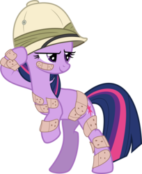 Size: 6000x7349 | Tagged: safe, artist:aureai, twilight sparkle, pony, unicorn, feeling pinkie keen, g4, .svg available, absurd resolution, bandaid, bipedal, bipedal leaning, confident, female, hat, injured, leaning, mare, pith helmet, simple background, solo, transparent background, unicorn twilight, vector