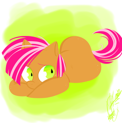 Size: 2253x2282 | Tagged: safe, artist:rfetus, babs seed, earth pony, pony, g4, concerned, female, filly, freckles, high res, looking away, looking sideways, lying down, prone, sad, solo, wingding eyes