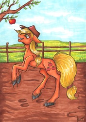 Size: 1533x2160 | Tagged: safe, artist:stirren, applejack, earth pony, pony, g4, apple tree, female, solo, tree