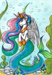 Size: 1515x2160 | Tagged: safe, artist:stirren, princess celestia, alicorn, mermaid, merpony, seapony (g4), g4, bubble, crepuscular rays, crown, cute, ear fluff, ethereal mane, feather, female, fish tail, flowing mane, gem, hoof shoes, horn, jewelry, looking at you, mare, mermaid tail, ocean, peytral, pink eyes, regalia, rock, scales, seaponified, seapony celestia, seaweed, signature, smiling, smiling at you, solo, species swap, sunlight, swimming, tail, traditional art, underwater, water, wings