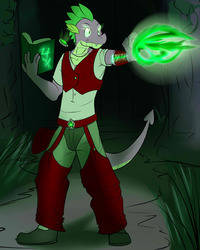 Size: 2000x2500 | Tagged: safe, artist:fuzebox, spike, dragon, anthro, plantigrade anthro, g4, book, glowing, glowing eyes, high res, mage, magic, male, older, older spike, pendant, rpg, solo, teenage spike, teenaged dragon, teenager