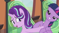 Size: 1280x720 | Tagged: safe, screencap, starlight glimmer, twilight sparkle, alicorn, pony, g4, the crystalling, female, grin, lidded eyes, mare, out of context, twilight sparkle (alicorn)