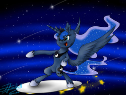 Size: 1024x768 | Tagged: safe, artist:flyingfireball, princess luna, pony, g4, bipedal, chest fluff, female, solo, space, spread wings, surfboard