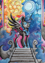 Size: 2448x3402 | Tagged: safe, artist:lunar-white-wolf, nightmare moon, g4, female, high res, mare, nicemare moon, solo, spread wings, traditional art