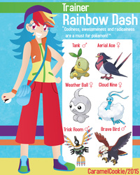 Size: 800x1000 | Tagged: safe, artist:caramelcookie, rainbow dash, altaria, braviary, castform, human, sigilyph, swellow, turtwig, g4, crossover, humanized, pokémon, pokémon team, pokémon trainer