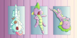 Size: 1920x961 | Tagged: safe, artist:chiptunebrony, spike, oc, oc:dim sum the dragon, dragon, g4, baby, baby dragon, barb, barbabetes, bed, bubble, cute, drool, lying down, on back, on side, rule 63, rule63betes, self ponidox, sideways, sleeping, snoring, snot bubble, sunlight, teddy bear, trio, wooden floor