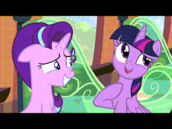 Size: 640x480 | Tagged: safe, screencap, starlight glimmer, twilight sparkle, alicorn, pony, g4, the crystalling, animated, book, cute, do not want, eye contact, female, floppy ears, frown, grin, hape, hug, levitation, magic, mare, personal space invasion, pushing, smiling, spread wings, squee, talking, telekinesis, twilight sparkle (alicorn), wide eyes