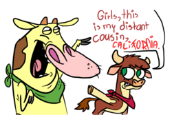 Size: 898x599 | Tagged: safe, artist:fancykarp, arizona (tfh), cow, them's fightin' herds, cartoon network, cloven hooves, community related, cousins, cow (character), cow and chicken, crossover, dialogue, doubt, female, greeting, pointing, simple background, smiling, white background