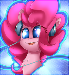 Size: 2700x2950 | Tagged: safe, artist:madacon, pinkie pie, earth pony, pony, g4, bust, color porn, colored pupils, female, headphones, high res, mare, portrait, smiling, solo