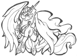 Size: 600x435 | Tagged: safe, artist:foxypickles, princess celestia, g4, female, monochrome, simple background, solo, spread wings