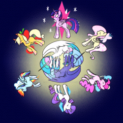 Size: 900x900 | Tagged: safe, artist:raspberry-wings, applejack, fluttershy, pinkie pie, princess celestia, princess luna, rainbow dash, rarity, twilight sparkle, alicorn, pony, g4, female, mane six, mare, s1 luna, stained glass, twilight sparkle (alicorn), watermark, yin-yang