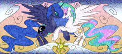 Size: 1024x456 | Tagged: safe, artist:raspberry-wings, princess celestia, princess luna, g4, rearing, spread wings, stained glass, watermark
