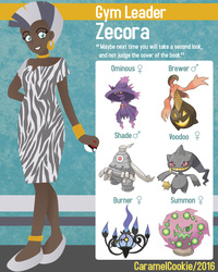 Size: 640x800 | Tagged: safe, artist:caramelcookie, zecora, banette, chandelure, dusclops, gourgeist, human, mismagius, spiritomb, g4, african, chandelier, clothes, crossover, dark skin, dress, ear piercing, earring, humanized, jewelry, mohawk, piercing, poké ball, pokémon, pokémon team, pokémon trainer, ring, zebra stripes