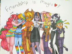 Size: 3474x2640 | Tagged: safe, artist:halidarkfire, applejack, fluttershy, pinkie pie, rainbow dash, rarity, spike, twilight sparkle, anthro, g4, abs, belly button, clothes, dress, earring, front knot midriff, grin, group shot, high res, mane seven, mane six, midriff, overalls, pants, piercing, rainbow socks, shirt, shorts, skirt, smiling, socks, sports bra, striped socks, tank top, traditional art, tube top, watermark