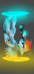 Size: 1200x2564 | Tagged: safe, artist:lycania29, rainbow dash, g4, backwards cutie mark, crossover, female, portal (valve), portal gun, solo