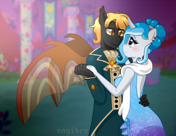 Size: 1553x1200 | Tagged: safe, artist:kaikururu, oc, oc only, oc:bubble lee, oc:rege liliac, oc:regina liliac, bat pony, unicorn, anthro, anthro oc, clothes, couple, cute, dancing, dress, fangs, female, grand galloping gala, looking at each other, male, oc x oc, rule 63, shipping, straight, suit