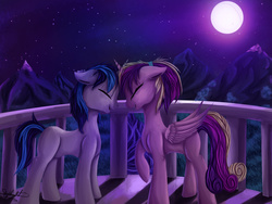 Size: 4000x3000 | Tagged: safe, artist:xskytheartist, princess cadance, shining armor, g4, balcony, blushing, eyes closed, floppy ears, missing cutie mark, moon, mountain, night, nuzzling, open mouth, smiling, teen princess cadance