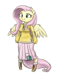 Size: 986x1280 | Tagged: safe, artist:king-kakapo, fluttershy, anthro, unguligrade anthro, g4, arm hooves, boots, clothes, female, multiple variants, necklace, patch, skirt, solo, unshorn fetlocks