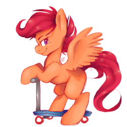 Size: 980x980 | Tagged: dead source, safe, artist:galaxyvoyage, scootaloo, pegasus, pony, g4, bipedal, bipedal leaning, blank flank, female, filly, foal, leaning, scooter, side view, signature, simple background, smiling, smirk, solo, spread wings, white background, wings