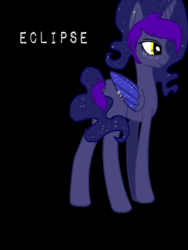 Size: 768x1024 | Tagged: safe, artist:-trash-, oc, oc only, oc:eclipse, alicorn, pony, alicorn oc, black background, offspring, parent:princess luna, simple background, solo, text