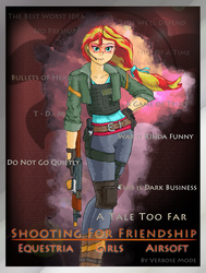 Size: 1178x1559 | Tagged: safe, artist:verbose, sunset shimmer, equestria girls, g4, a tale too far, airsoft, fanfic art, fanfic cover, shooting for friendship, trigger discipline