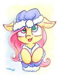 Size: 1024x1348 | Tagged: safe, artist:freeedon, fluttershy, pony, g4, bust, clothes, coat, colored pupils, cute, female, floppy ears, front view, full face view, hat, hooves to the chest, mare, open mouth, shyabetes, signature, smiling, solo, winter coat, winter hat, winter outfit